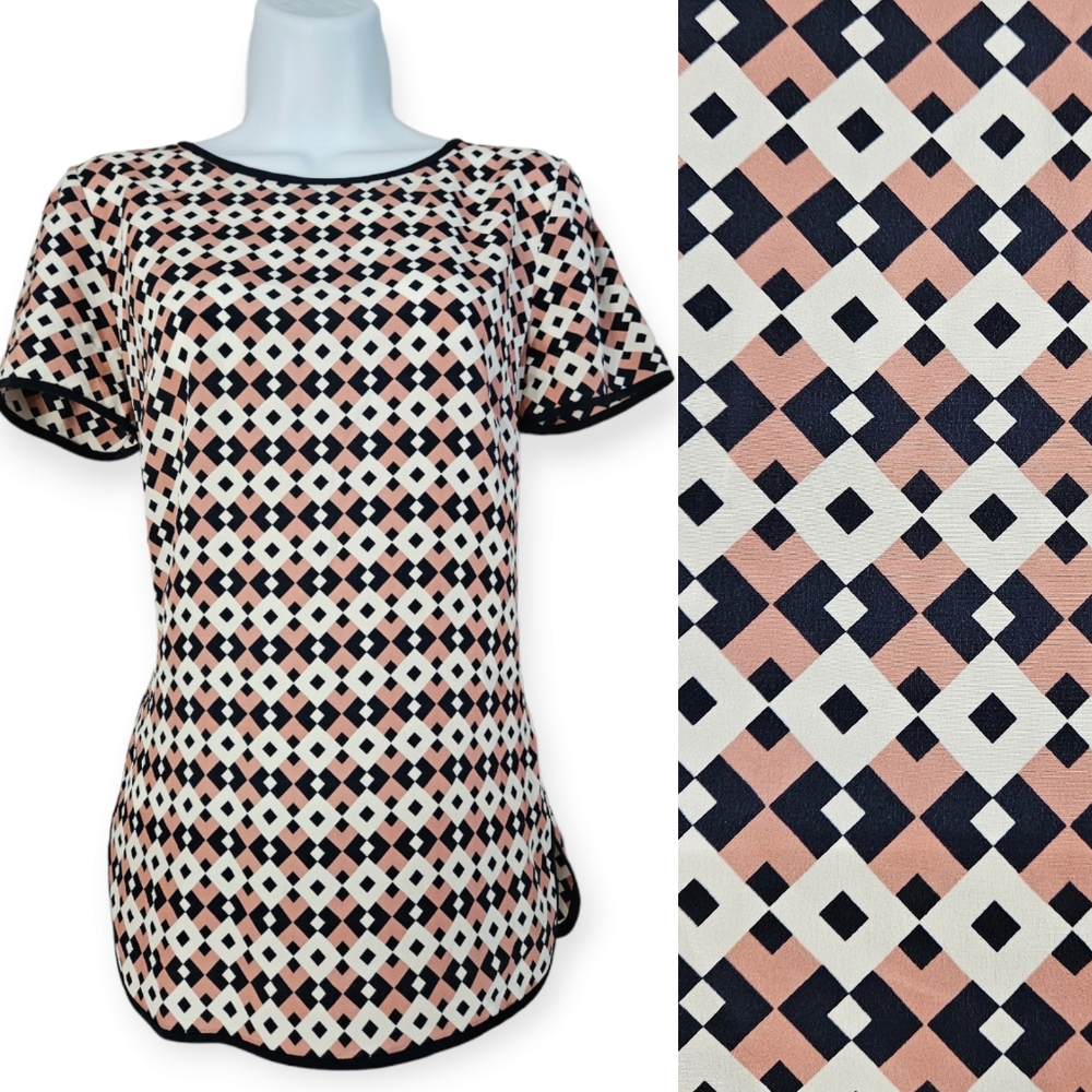 NWOT J Crew pink blue & white geometric print silk blouse top Womens Small